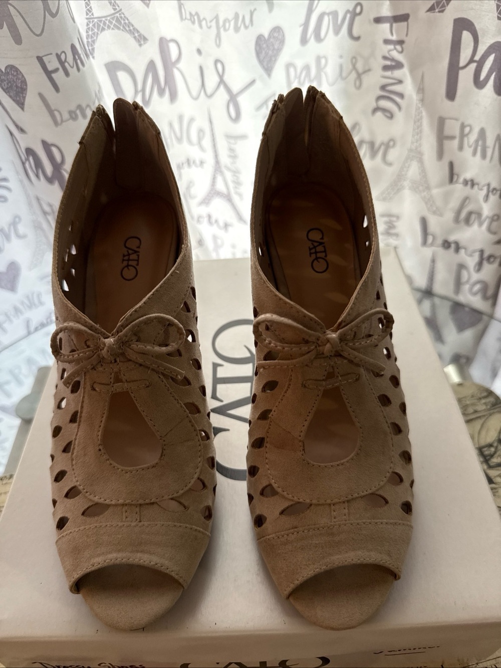 Cato Taupe Suede Peep-Toe Booties with Bow and Cutouts